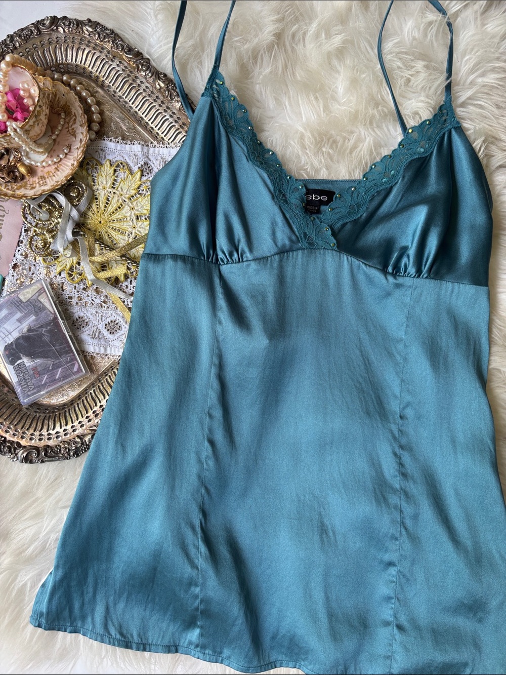 Vintage Silk Bebe Y2K Cami Lace Milkmaid Camisole Tank Teal Baddie 90’s L Blue M